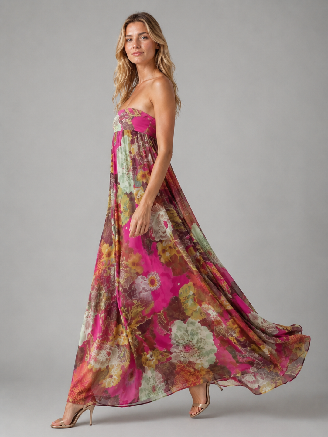 Women's Strapless Floral Maxi Dress – Flowing Smocked Bodice