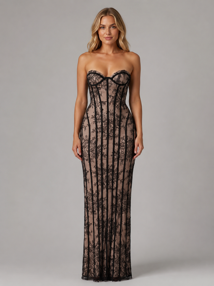 Women's Strapless Lace Corset Maxi Dress – Elegant Evening Gown