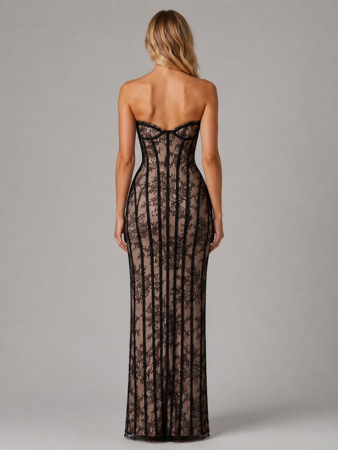 Women's Strapless Lace Corset Maxi Dress – Elegant Evening Gown
