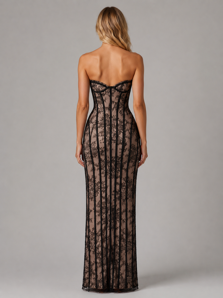 Women's Strapless Lace Corset Maxi Dress – Elegant Evening Gown