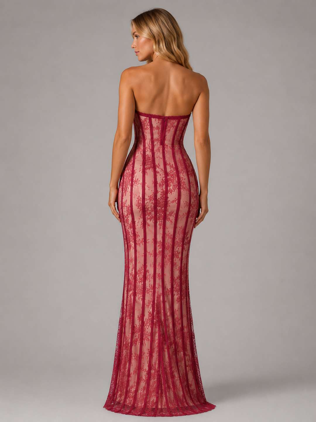 Women's Strapless Lace Corset Maxi Dress – Elegant Evening Gown