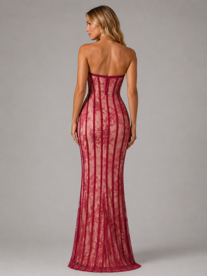 Women's Strapless Lace Corset Maxi Dress – Elegant Evening Gown