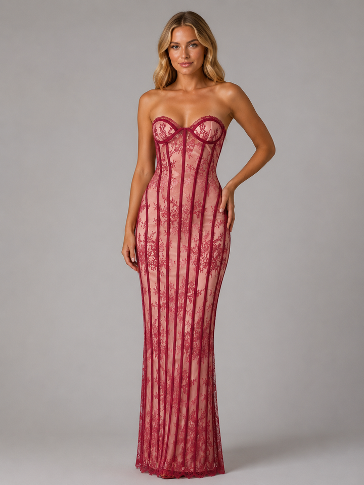Women's Strapless Lace Corset Maxi Dress – Elegant Evening Gown