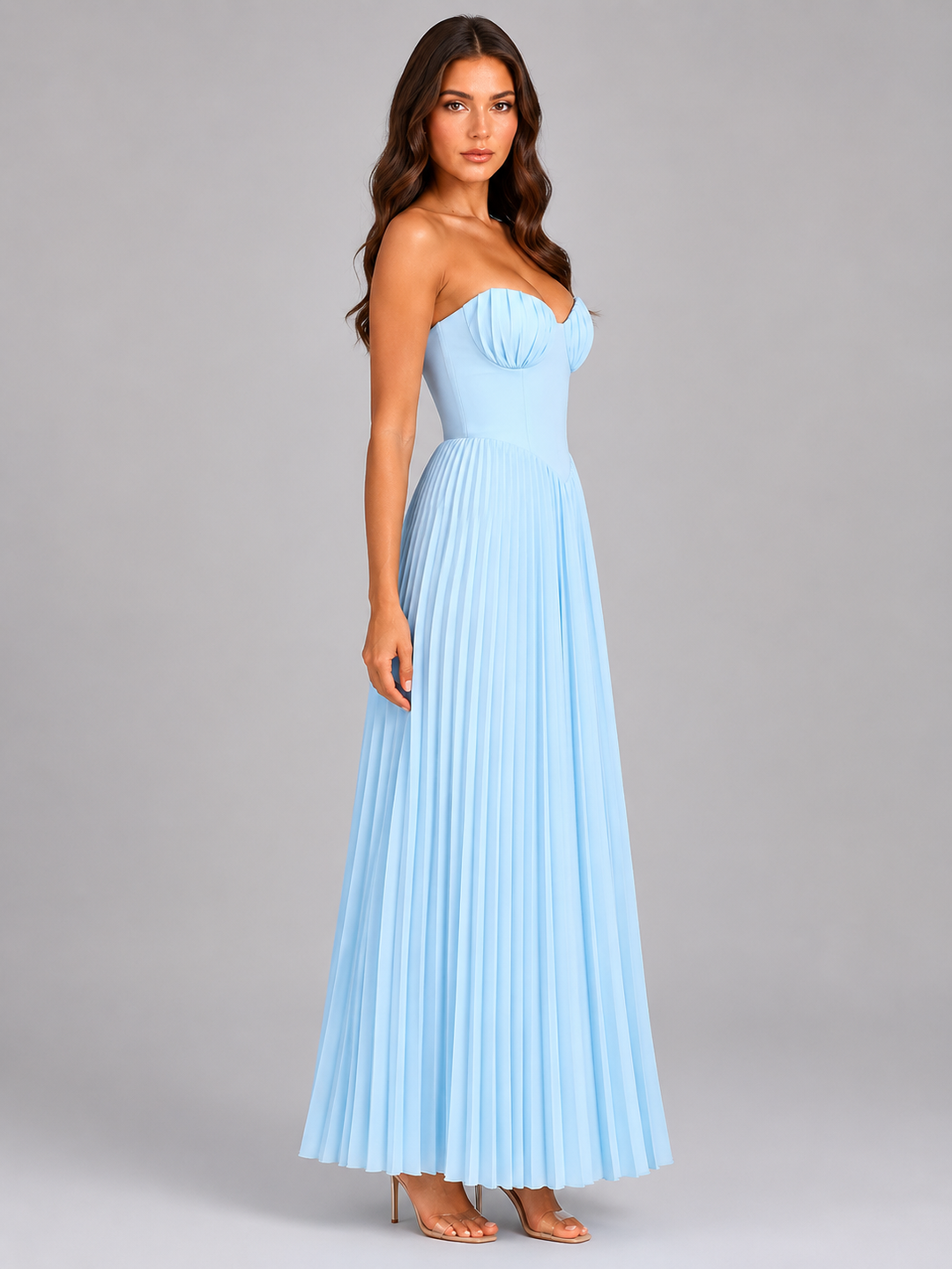 Women’s Strapless Pleated Maxi Dress – Wedding Guest Gown