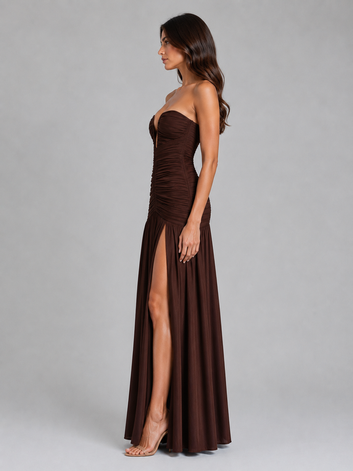 Women’s Strapless Ruched Maxi Dress – Wedding Guest Gown