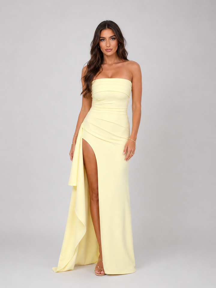Women’s Strapless Ruched Maxi Dress with Thigh Split – Elegant Occasion Style