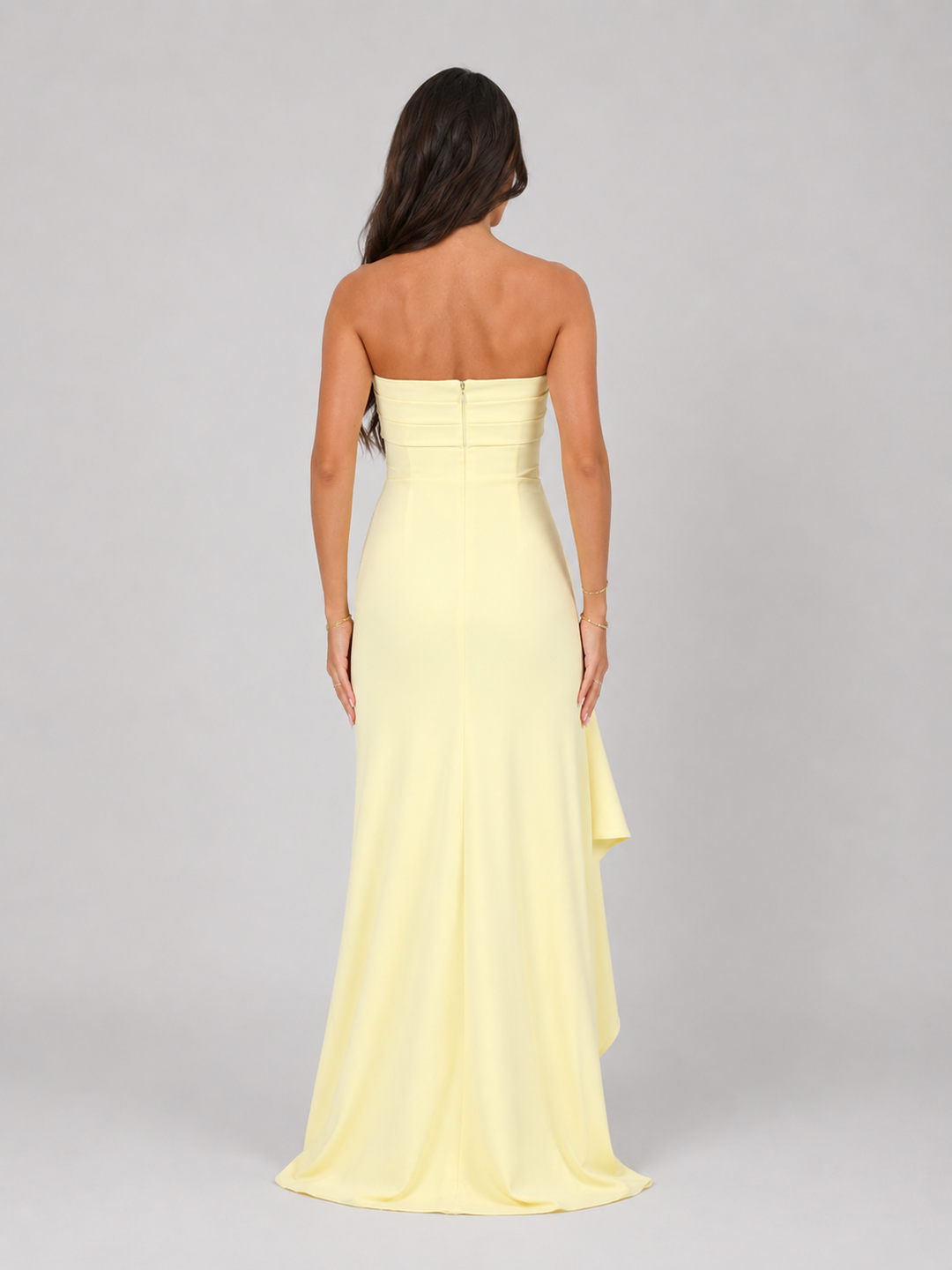 Women’s Strapless Ruched Maxi Dress with Thigh Split – Elegant Occasion Style