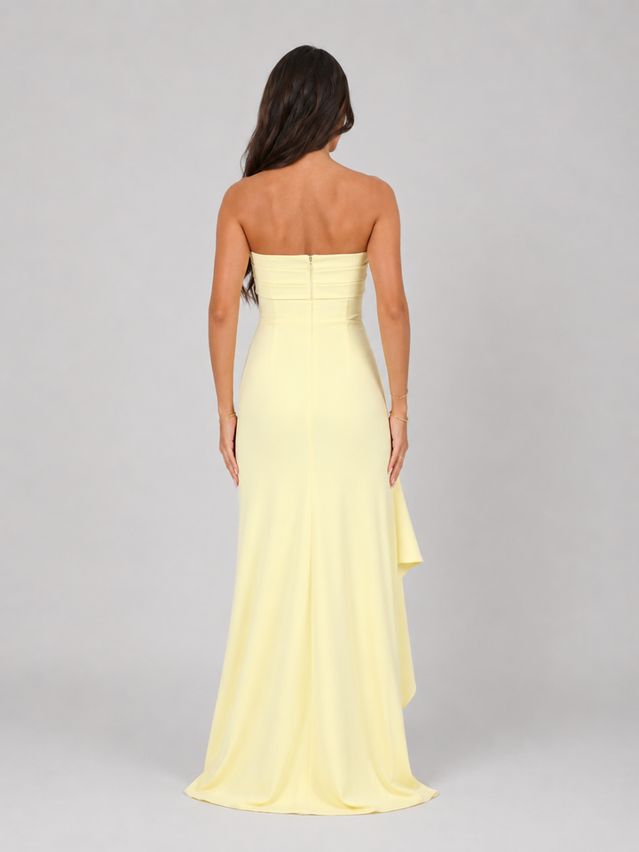 Women’s Strapless Ruched Maxi Dress with Thigh Split – Elegant Occasion Style
