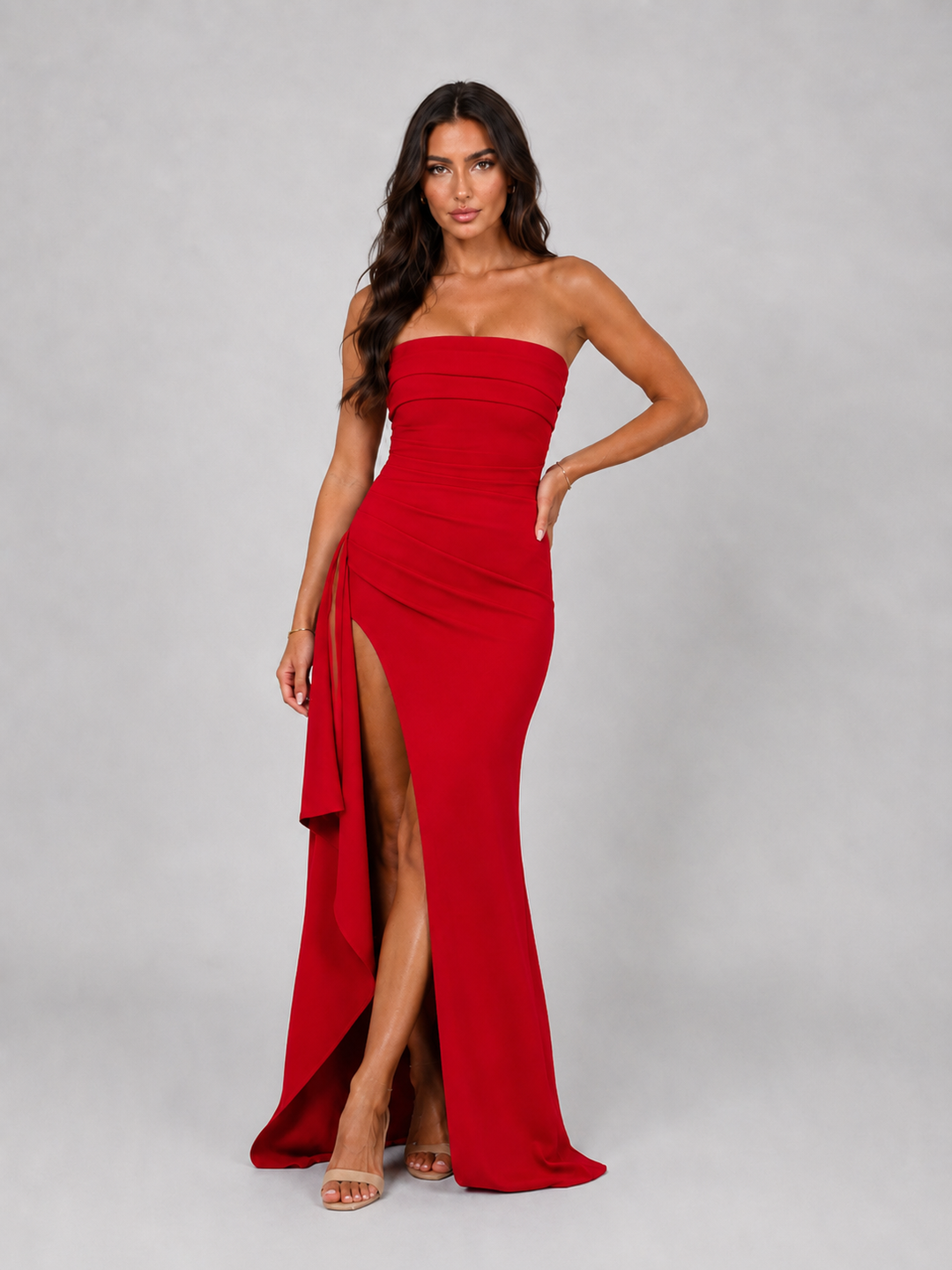 Women’s Strapless Ruched Maxi Dress with Thigh Split – Elegant Occasion Style