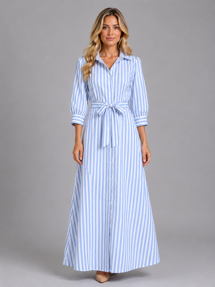 Women's Striped Belted Shirt Maxi Dress – Long Sleeve Button Front