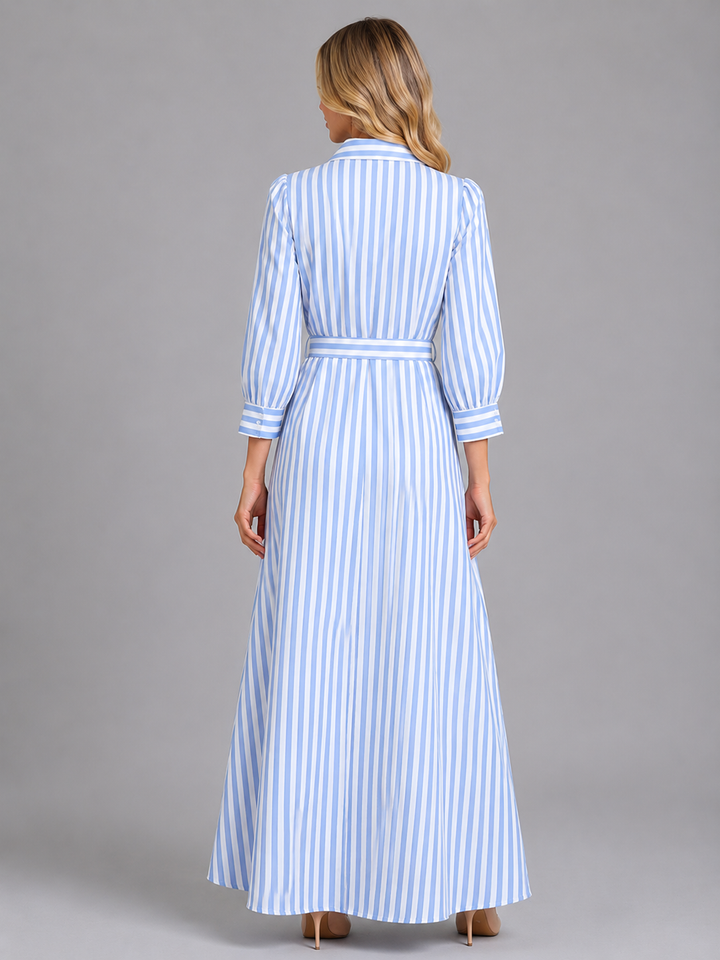 Women's Striped Belted Shirt Maxi Dress – Long Sleeve Button Front