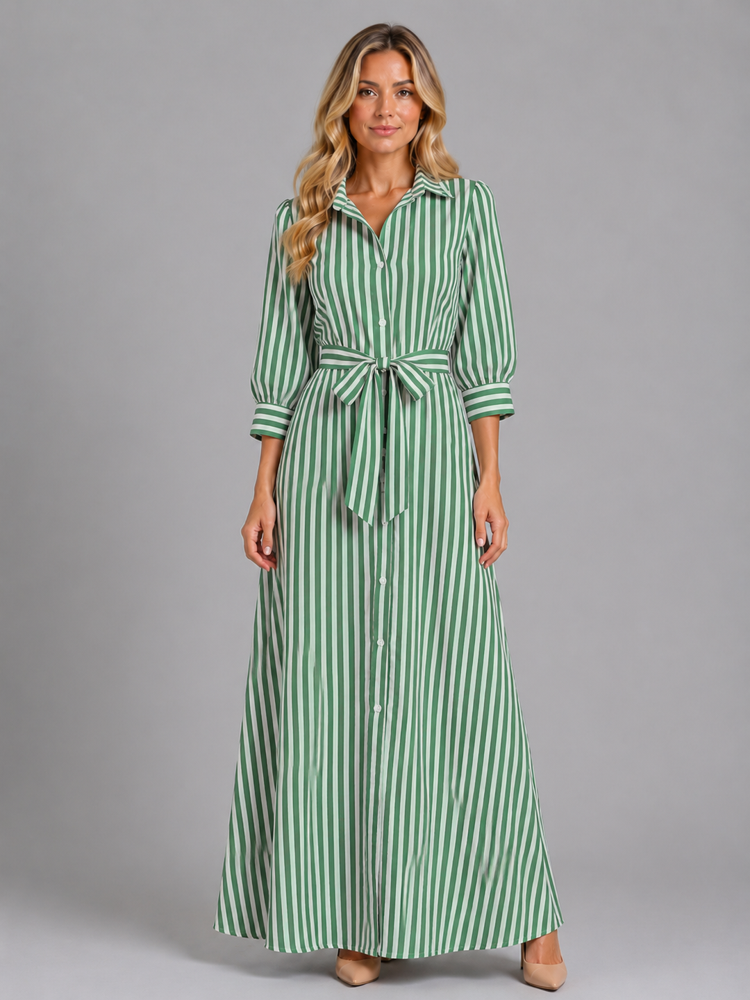 Women's Striped Belted Shirt Maxi Dress – Long Sleeve Button Front
