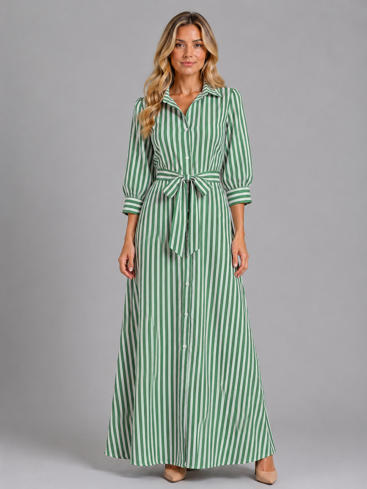 Women's Striped Belted Shirt Maxi Dress – Long Sleeve Button Front