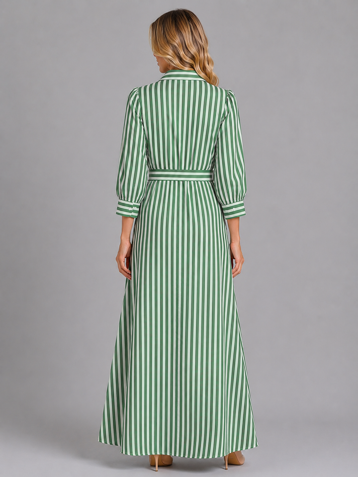 Women's Striped Belted Shirt Maxi Dress – Long Sleeve Button Front