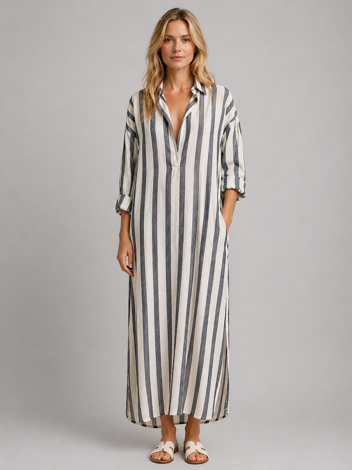 Women’s Striped Shirt Dress with Pockets – Long Relaxed Fit