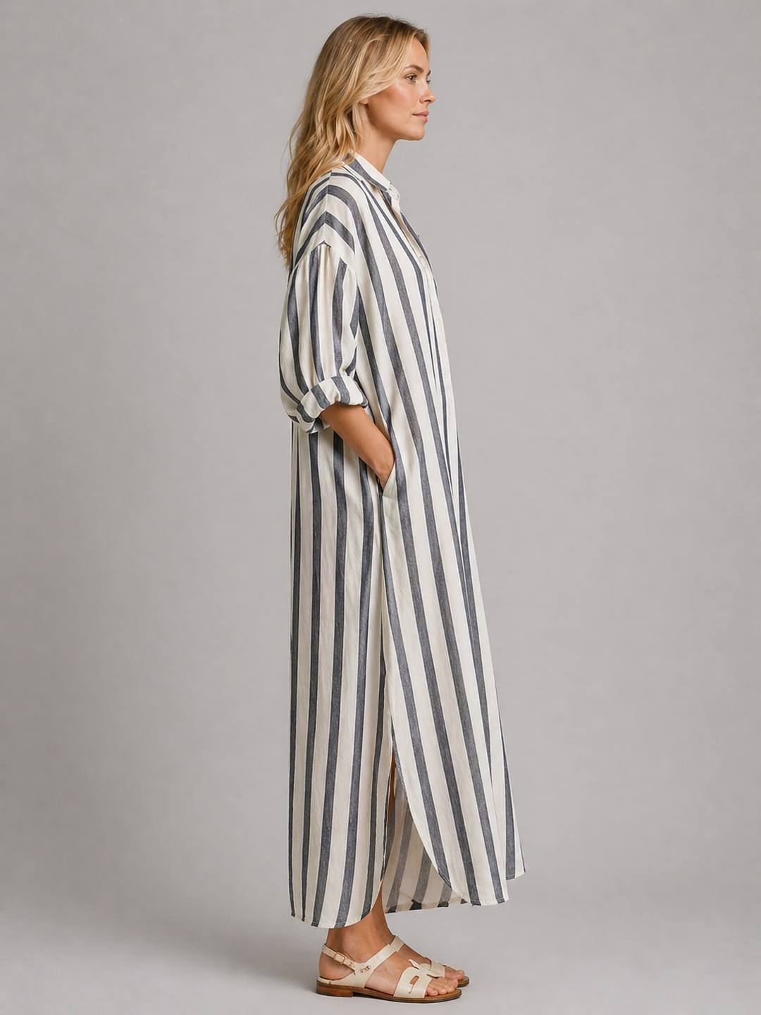 Women’s Striped Shirt Dress with Pockets – Long Relaxed Fit