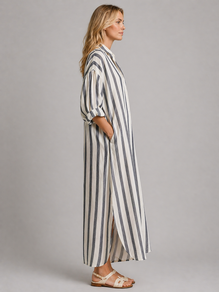 Women’s Striped Shirt Dress with Pockets – Long Relaxed Fit