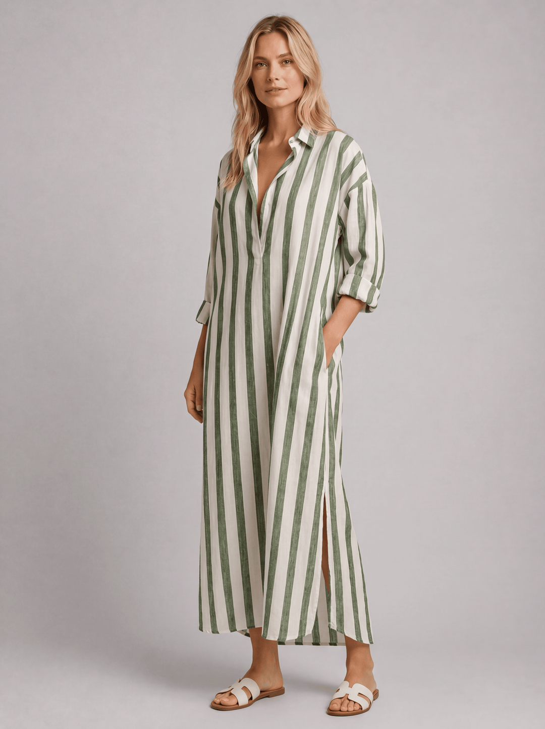 Women’s Striped Shirt Dress with Pockets – Long Relaxed Fit