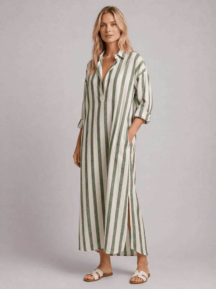 Women’s Striped Shirt Dress with Pockets – Long Relaxed Fit