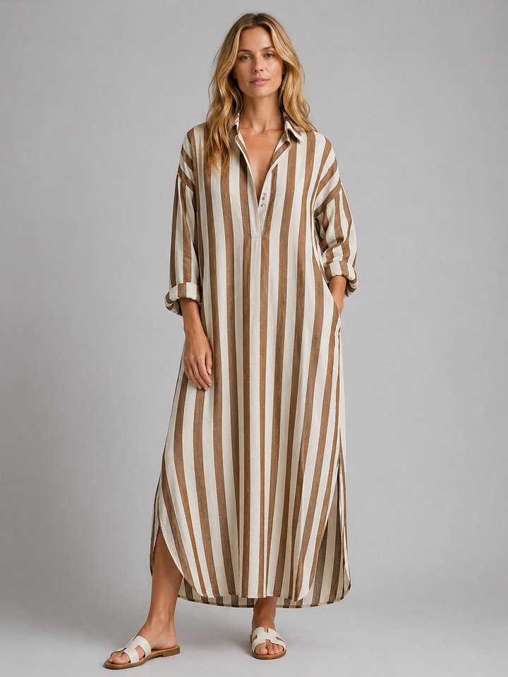 Women’s Striped Shirt Dress with Pockets – Long Relaxed Fit