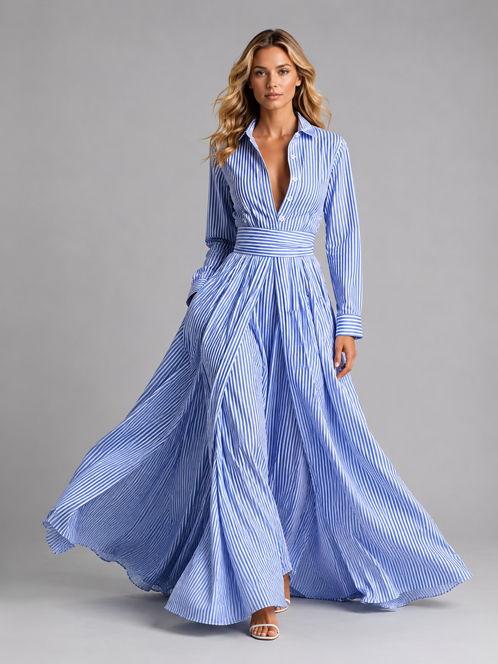 Women’s Striped Shirt Maxi Dress – Cinched Waist Flowing Style