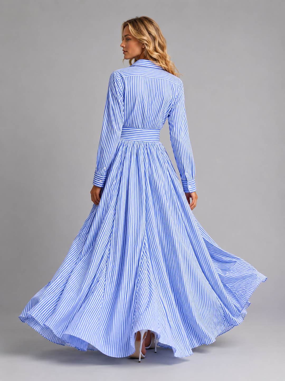 Women’s Striped Shirt Maxi Dress – Cinched Waist Flowing Style