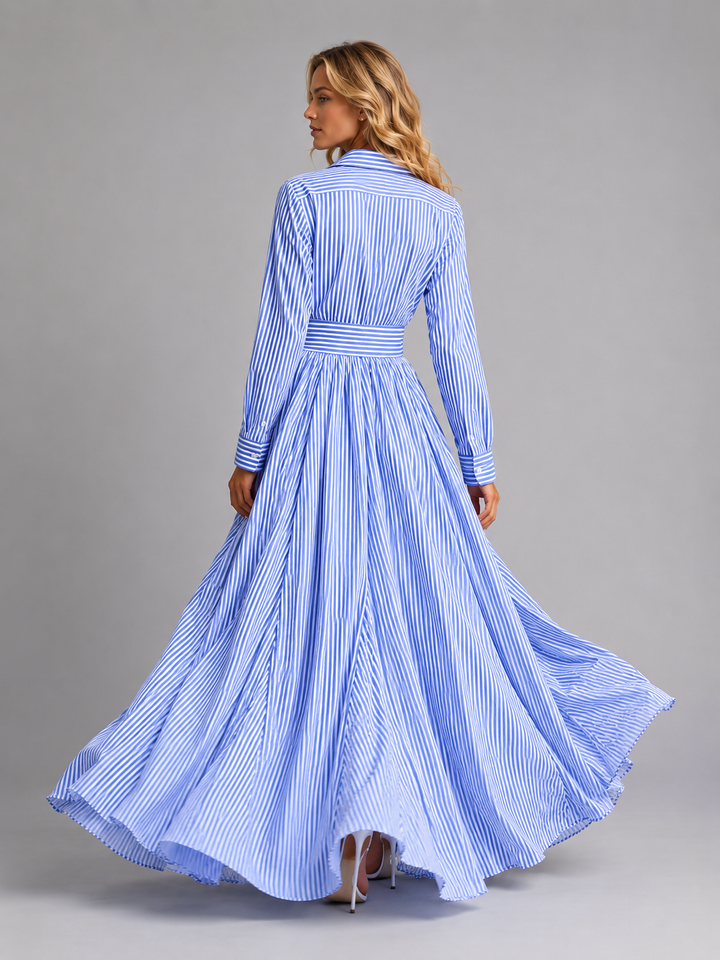 Women’s Striped Shirt Maxi Dress – Cinched Waist Flowing Style
