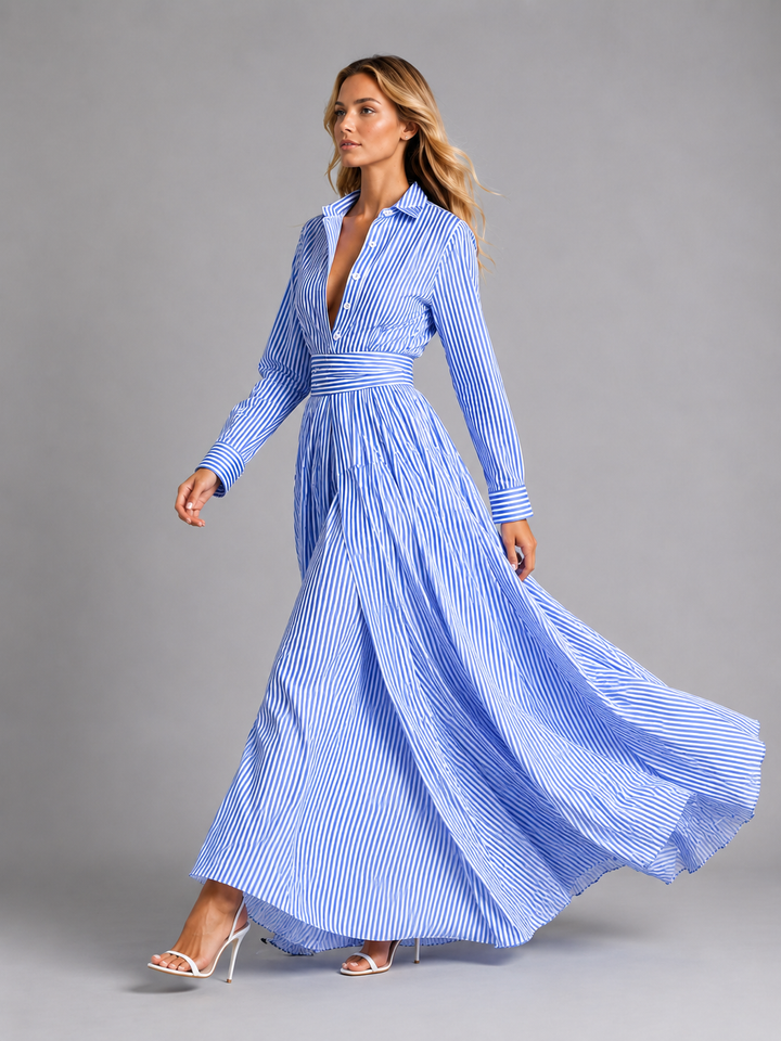 Women’s Striped Shirt Maxi Dress – Cinched Waist Flowing Style