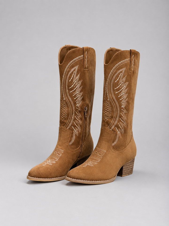 Women’s Suede Cowboy Boots - Western Block Heel Style
