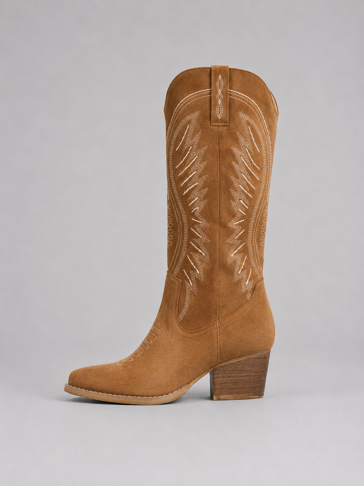 Women’s Suede Cowboy Boots – Western Block Heel Style