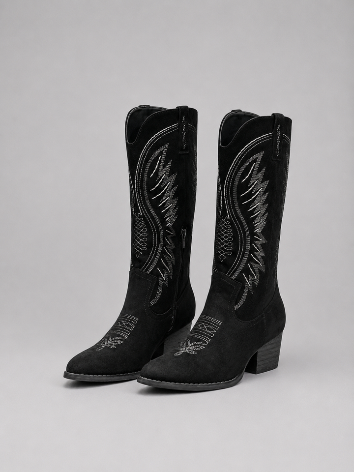 Women’s Suede Cowboy Boots – Western Block Heel Style