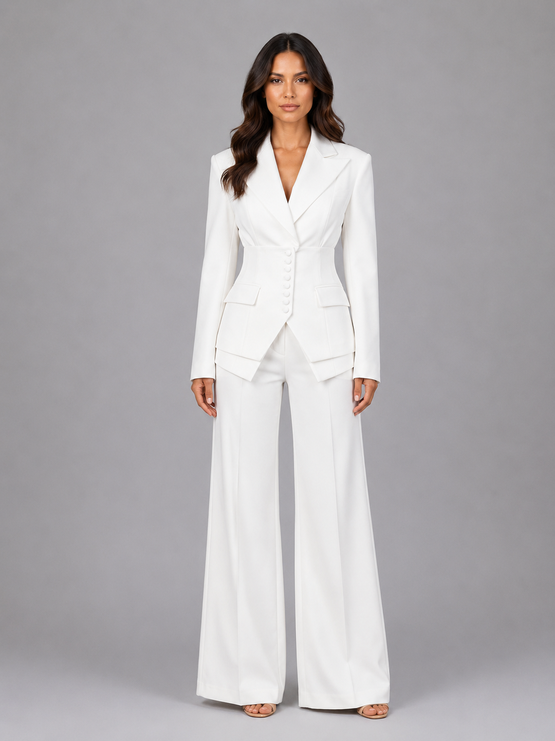 Women’s Tailored Two-Piece Suit – Cinched Waist & Wide-Leg Trousers