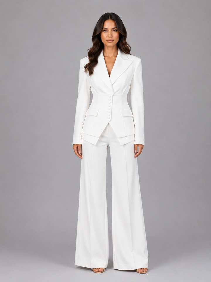 Women’s Tailored Two-Piece Suit – Cinched Waist & Wide-Leg Trousers