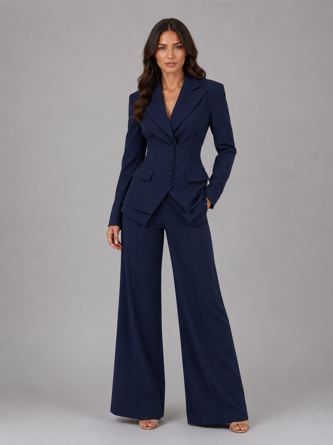 Women’s Tailored Two-Piece Suit – Cinched Waist & Wide-Leg Trousers