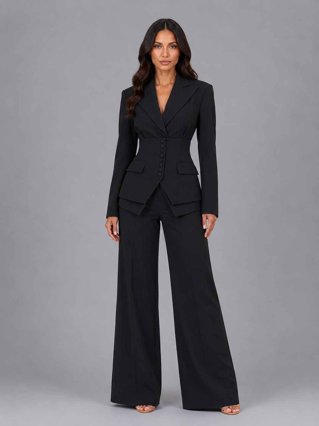 Women’s Tailored Two-Piece Suit – Cinched Waist & Wide-Leg Trousers