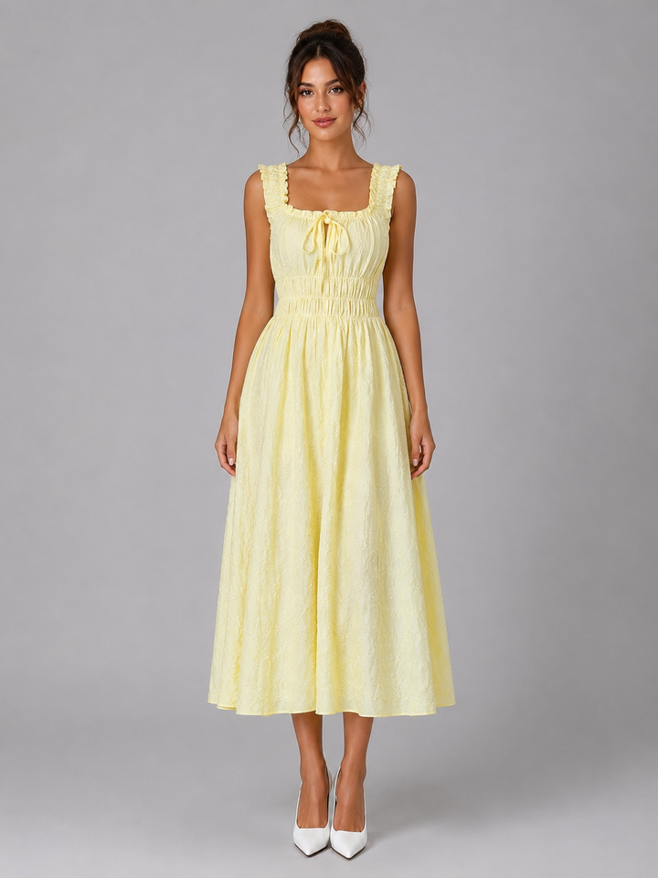 Women’s Textured Floral Midi Dress – Shirred Waist & Ruffle Detail