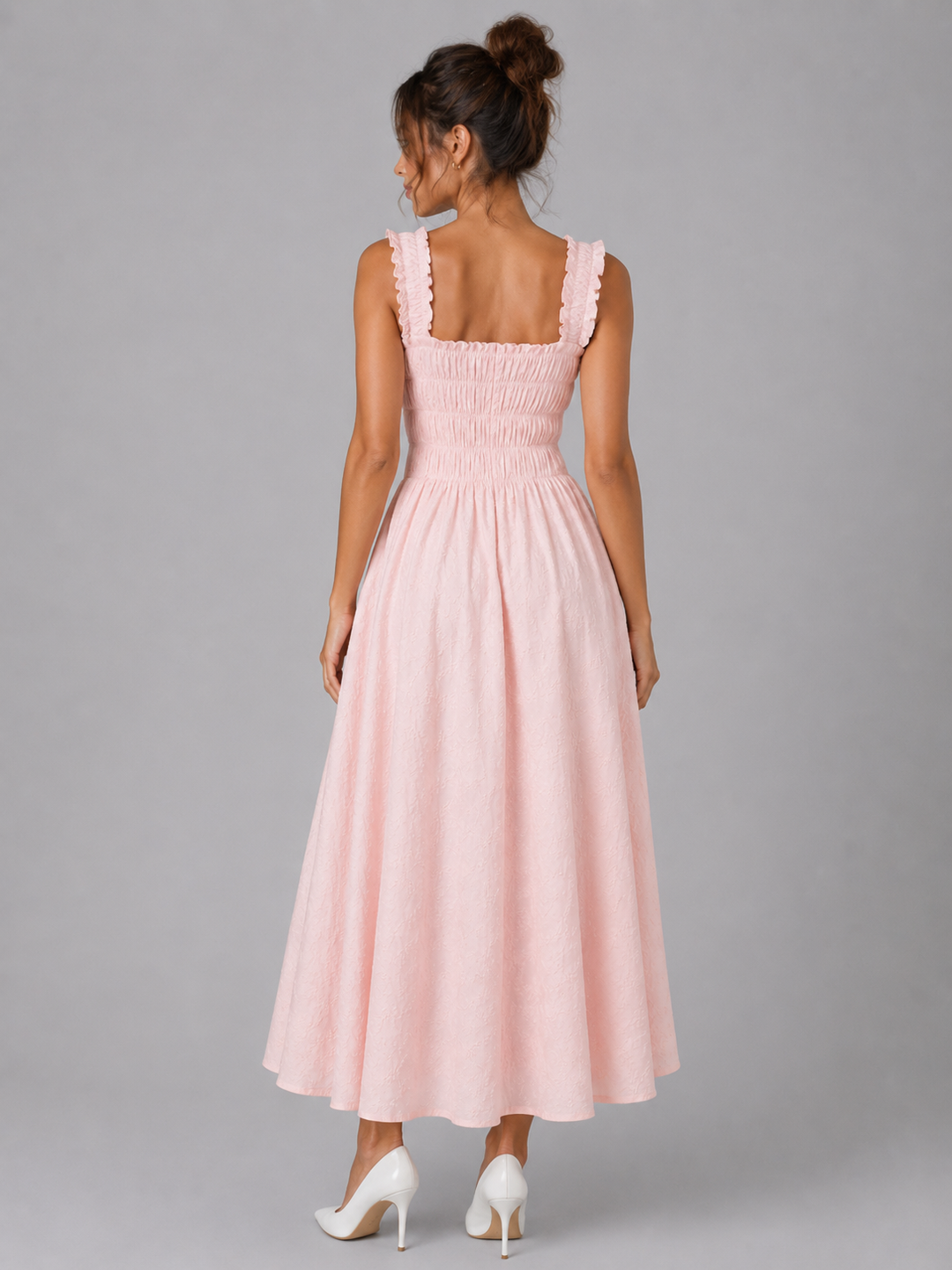 Women’s Textured Floral Midi Dress – Shirred Waist & Ruffle Detail