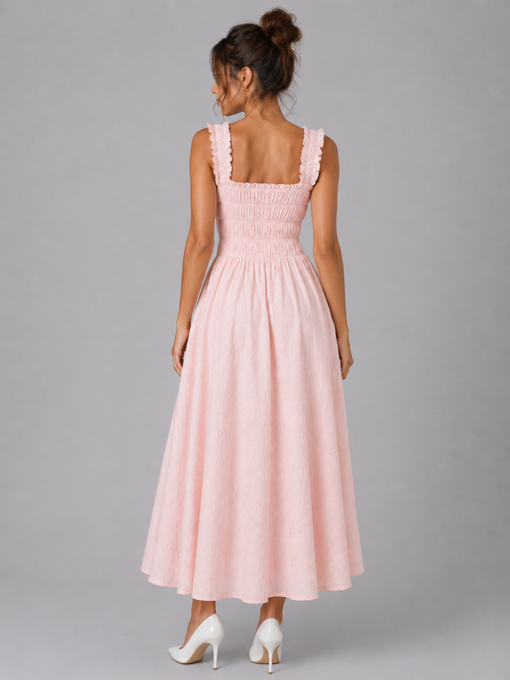 Women’s Textured Floral Midi Dress – Shirred Waist & Ruffle Detail
