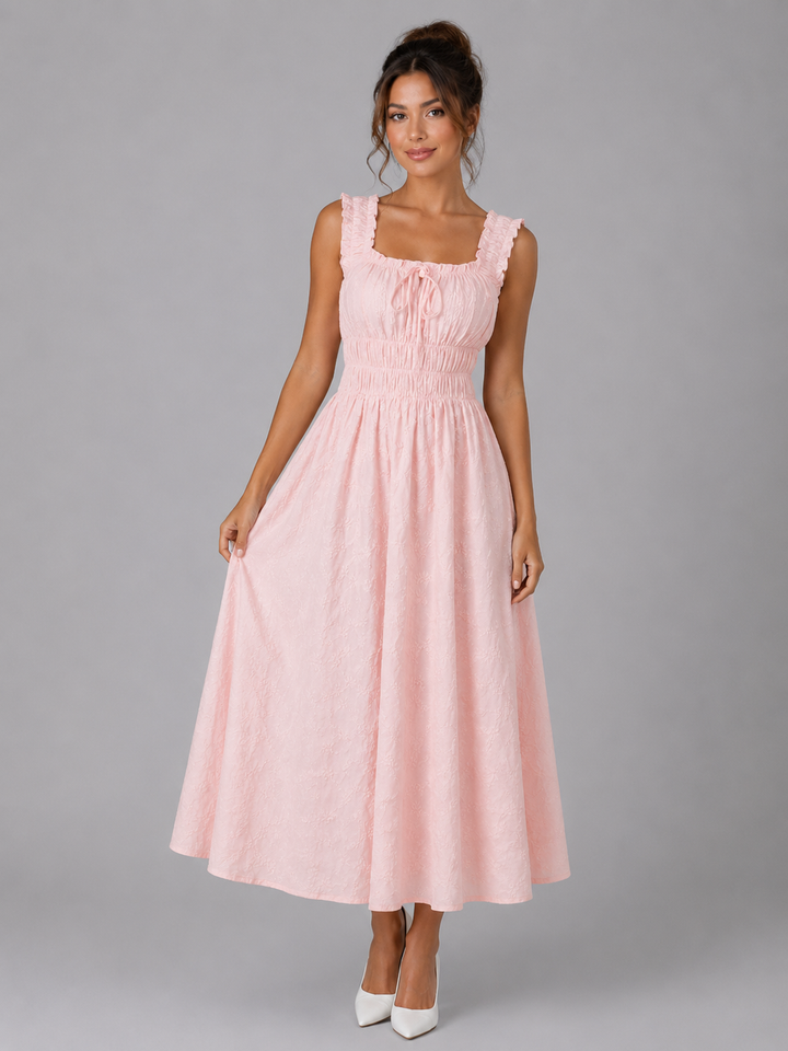 Women’s Textured Floral Midi Dress – Shirred Waist & Ruffle Detail