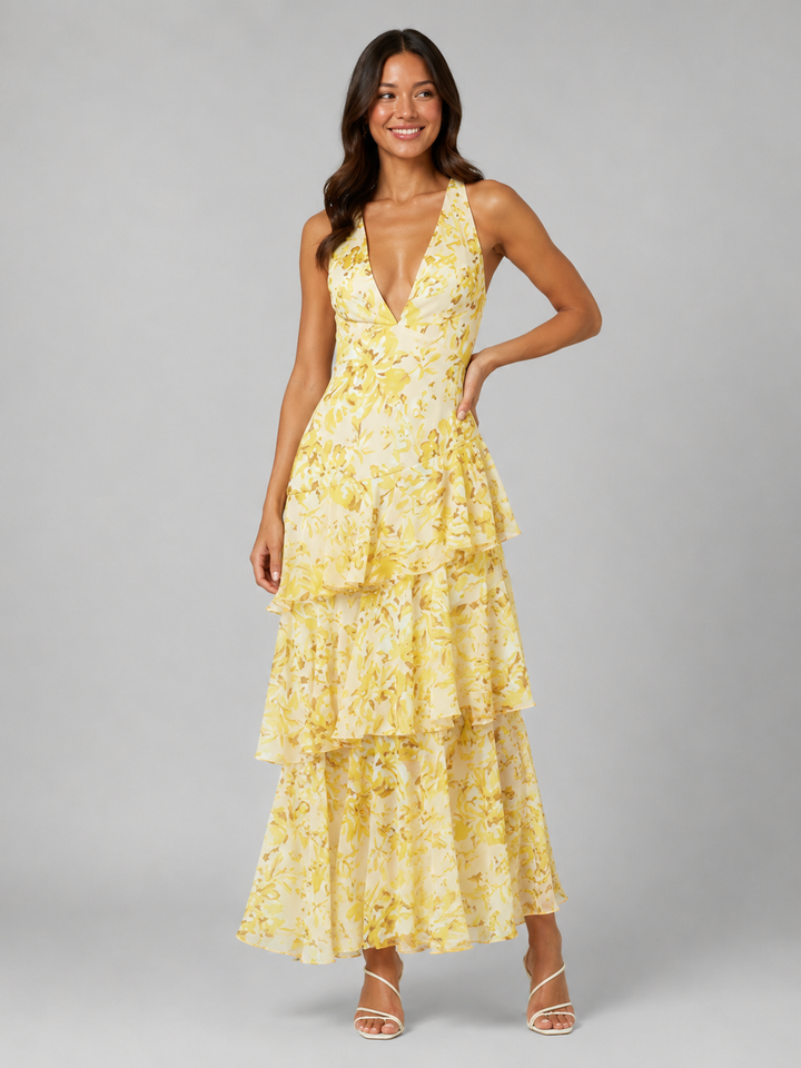 Women’s Tiered Ruffle V-Neck Maxi Dress – Flowing Silhouette