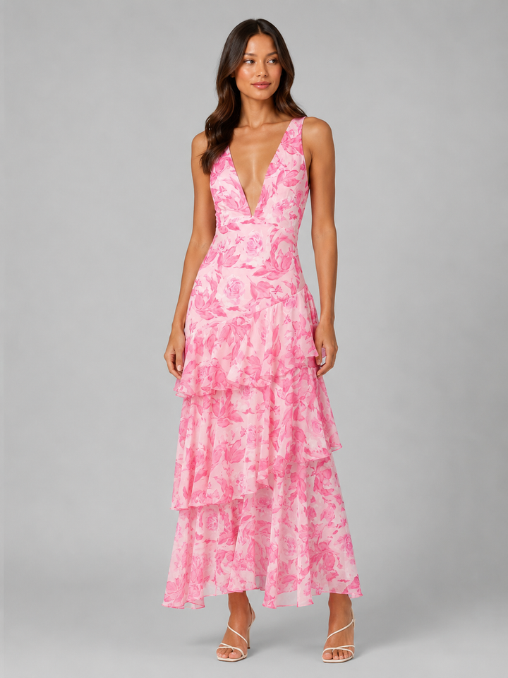 Women’s Tiered Ruffle V-Neck Maxi Dress – Flowing Silhouette