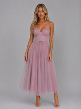 Women's Tulle Corset Midi Dress – Tie Waist & Sculpted Silhouette