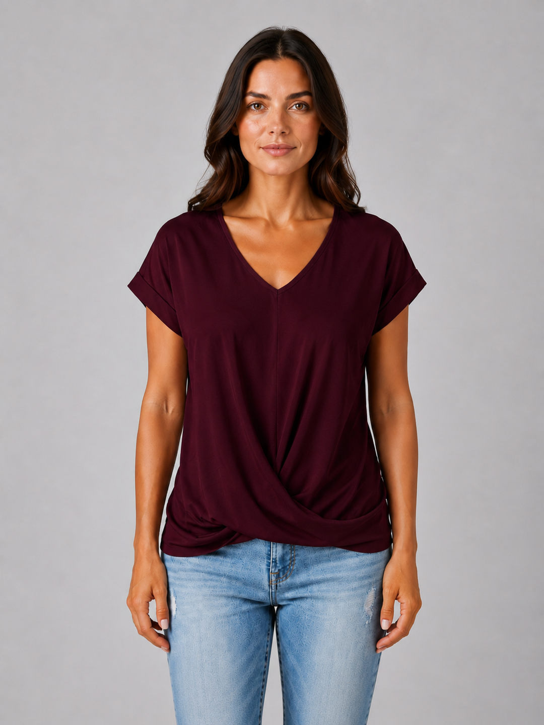 Women's V-Neck Draped T-Shirt – Relaxed Short Sleeve Top