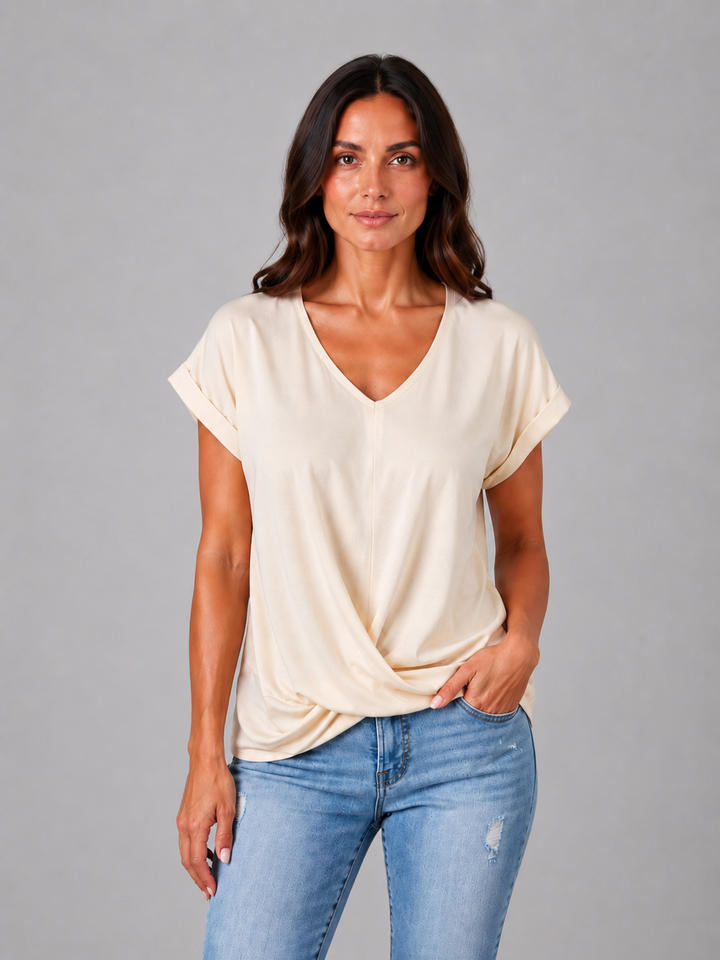 Women's V-Neck Draped T-Shirt – Relaxed Short Sleeve Top