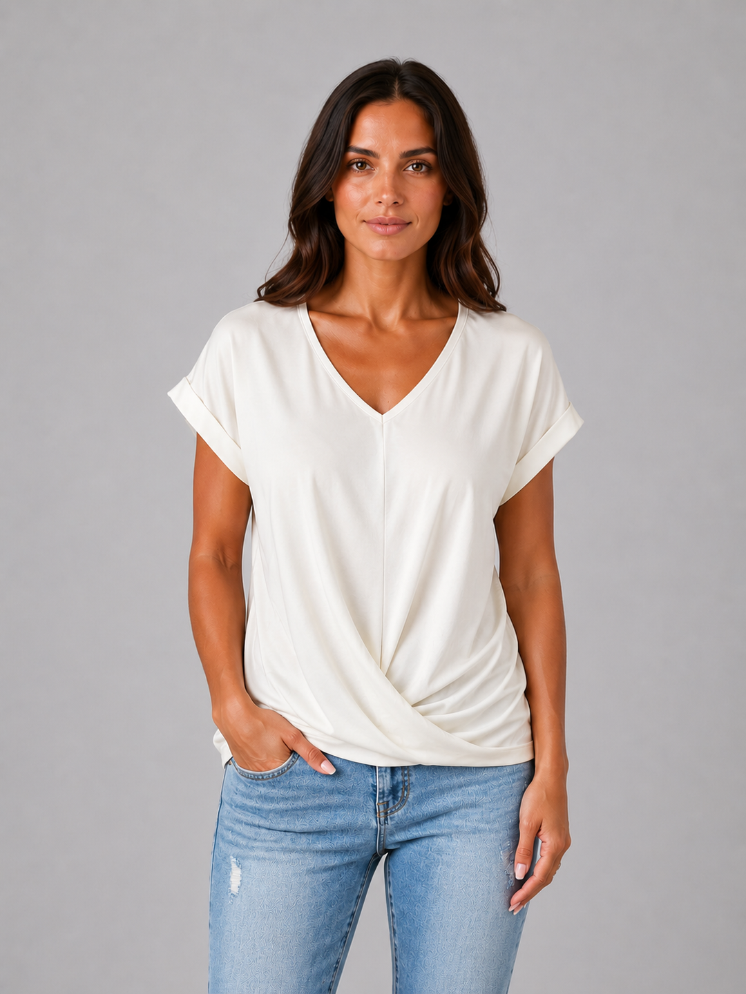 Women's V-Neck Draped T-Shirt – Relaxed Short Sleeve Top
