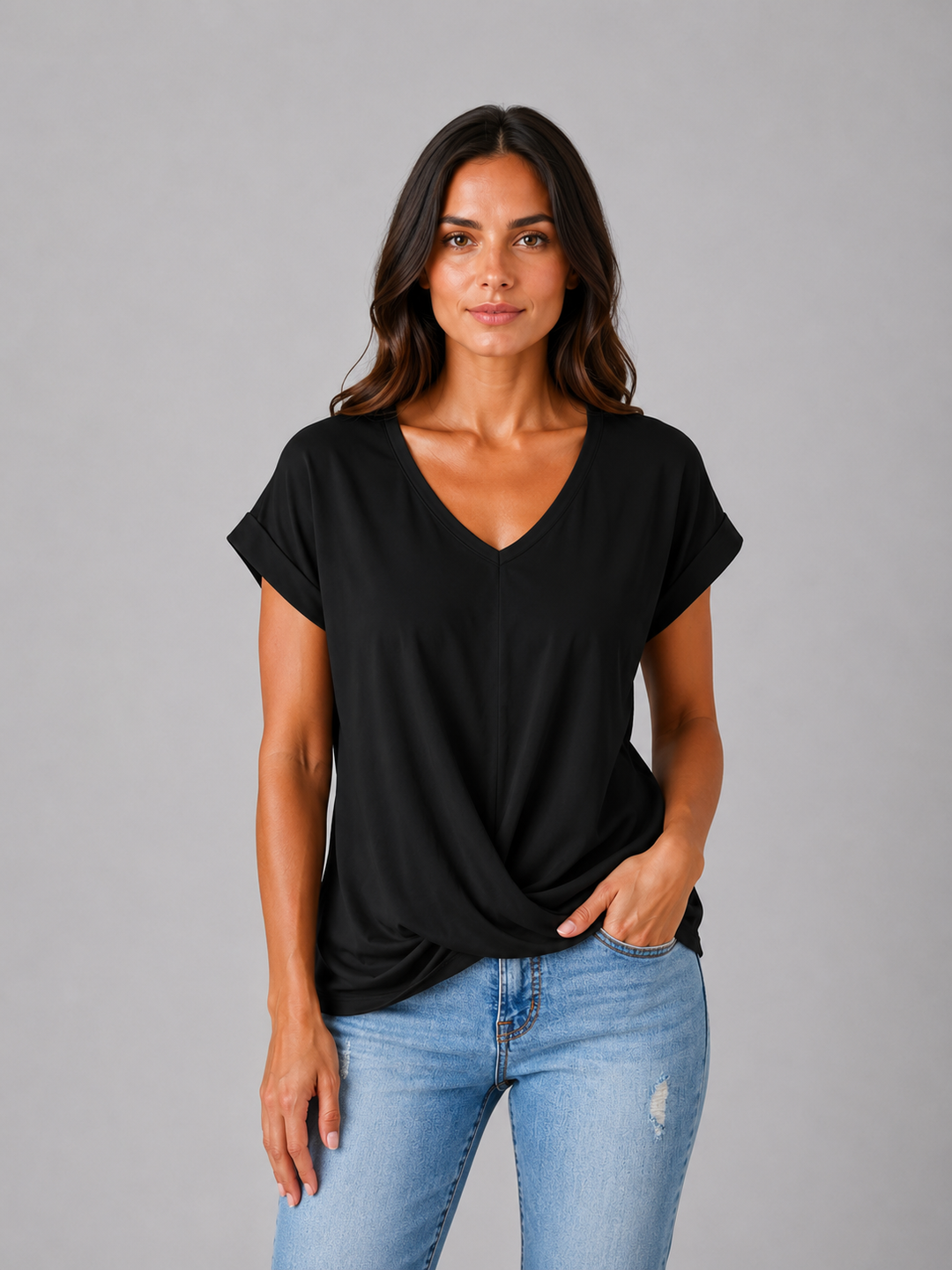 Women's V-Neck Draped T-Shirt – Relaxed Short Sleeve Top