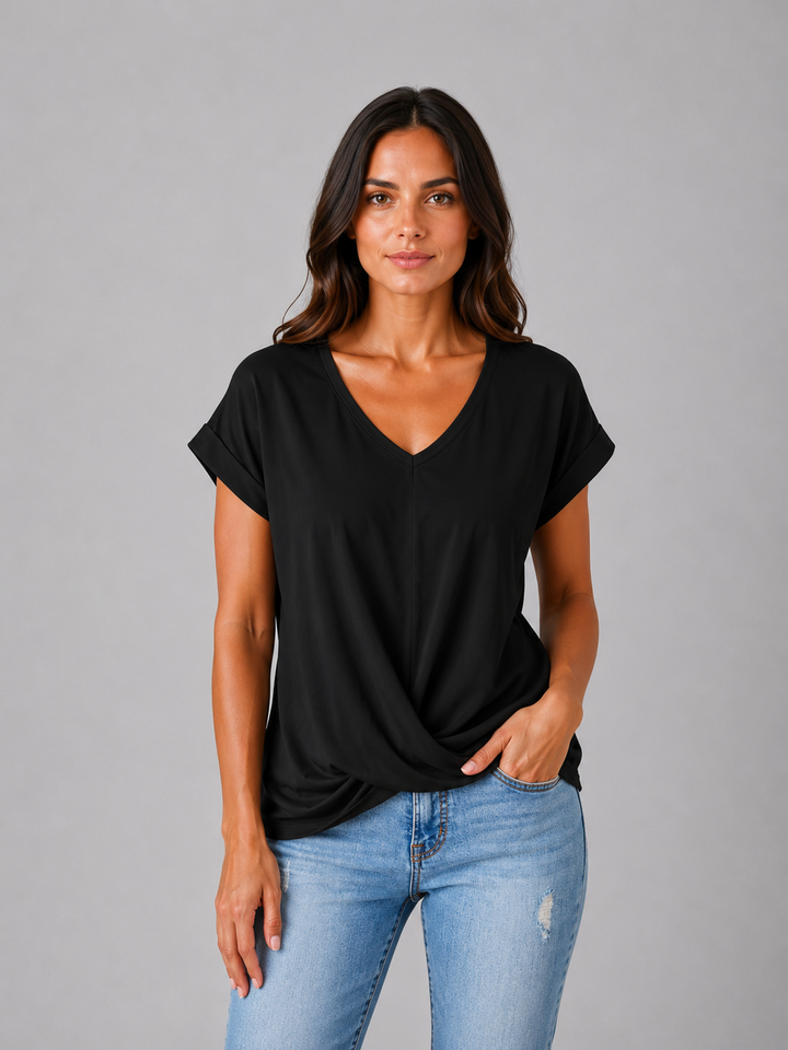 Women's V-Neck Draped T-Shirt – Relaxed Short Sleeve Top
