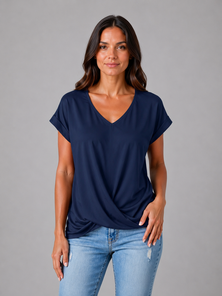 Women's V-Neck Draped T-Shirt – Relaxed Short Sleeve Top