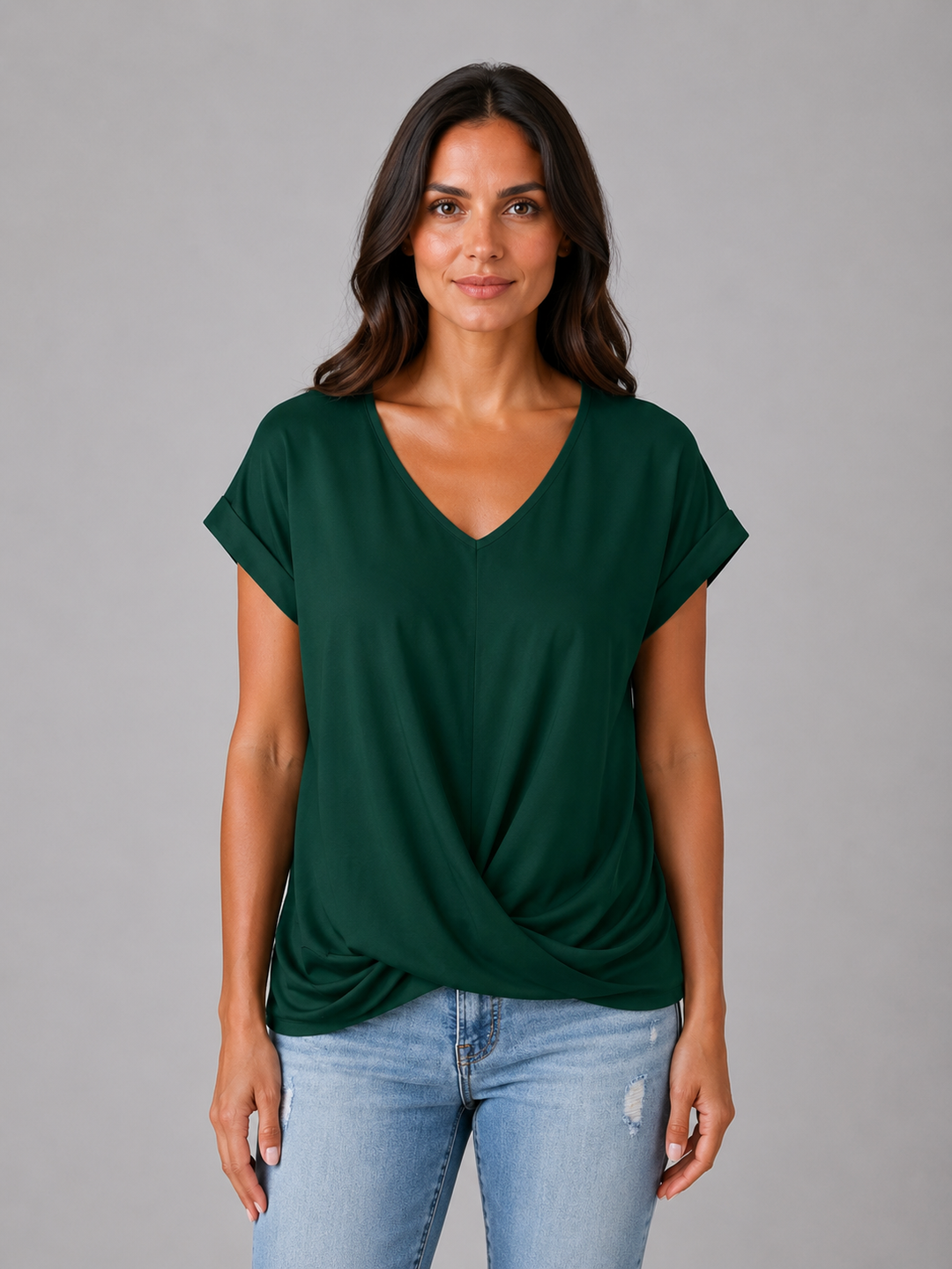 Women's V-Neck Draped T-Shirt – Relaxed Short Sleeve Top
