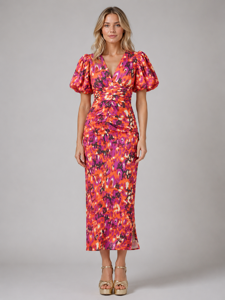 Women’s V-Neck Puff Sleeve Midi Dress –  Summer Occasion Style